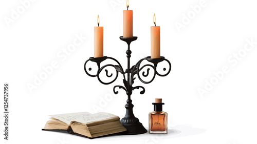 Ornate Candlestick with Book and Perfume Bottle