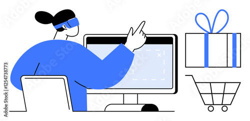 Person using VR headset interacts with computer screen, accompanied by present box and shopping cart graphics. Ideal for online shopping, tech, VR experiences, holiday sales, e-commerce, marketing
