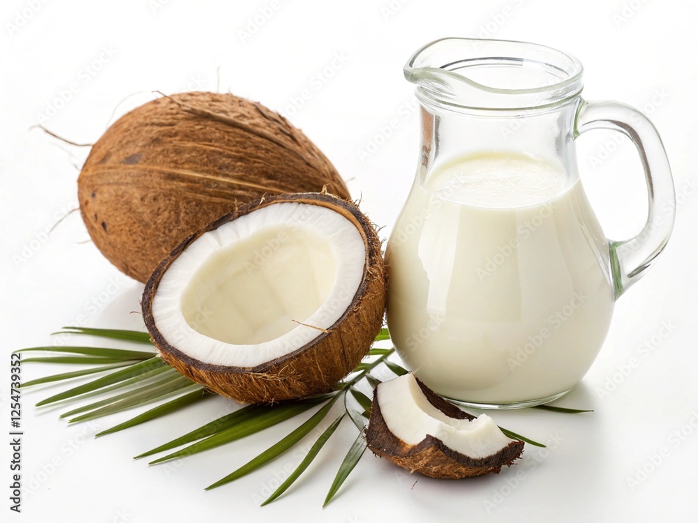 a whole coconut, a halved coconut, and a glass pitcher full of coconut milk, all arranged on a white background with a few coconut pieces scattered around