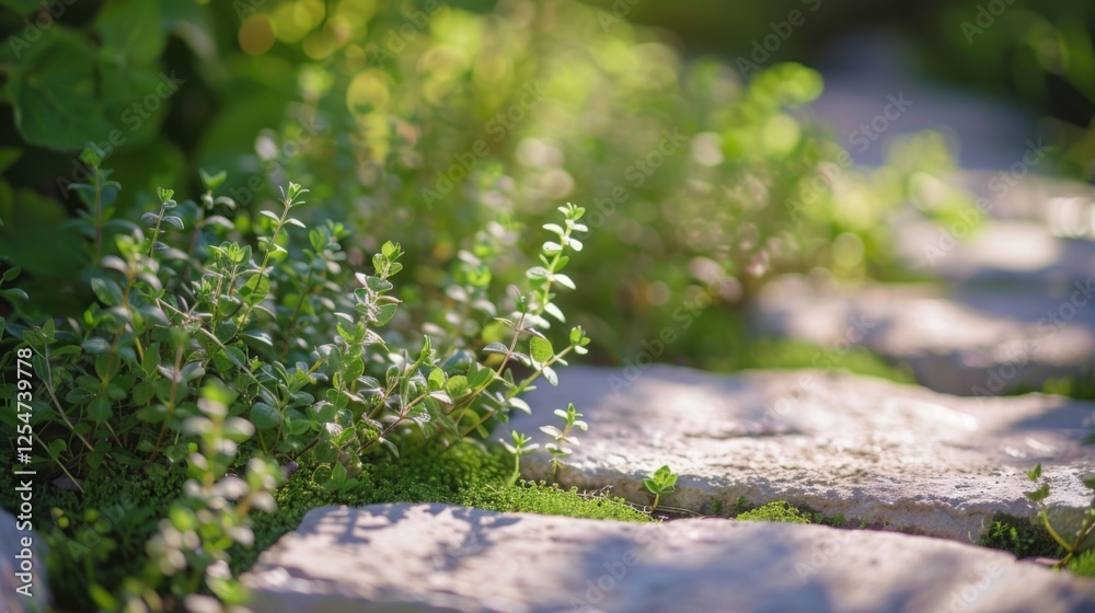 Close-up of creeping thyme and sage growing between stepping stones in a garden path, creating a fragrant and textured ground cover.