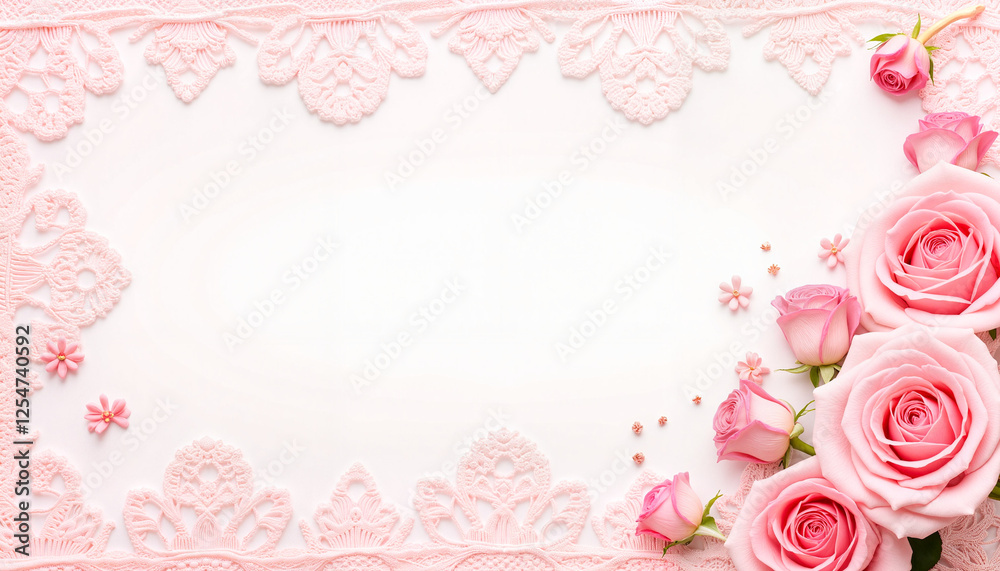 Delicate rose border on soft pink lace, floral beauty design Delicate rose border on soft pink lace, floral beauty design