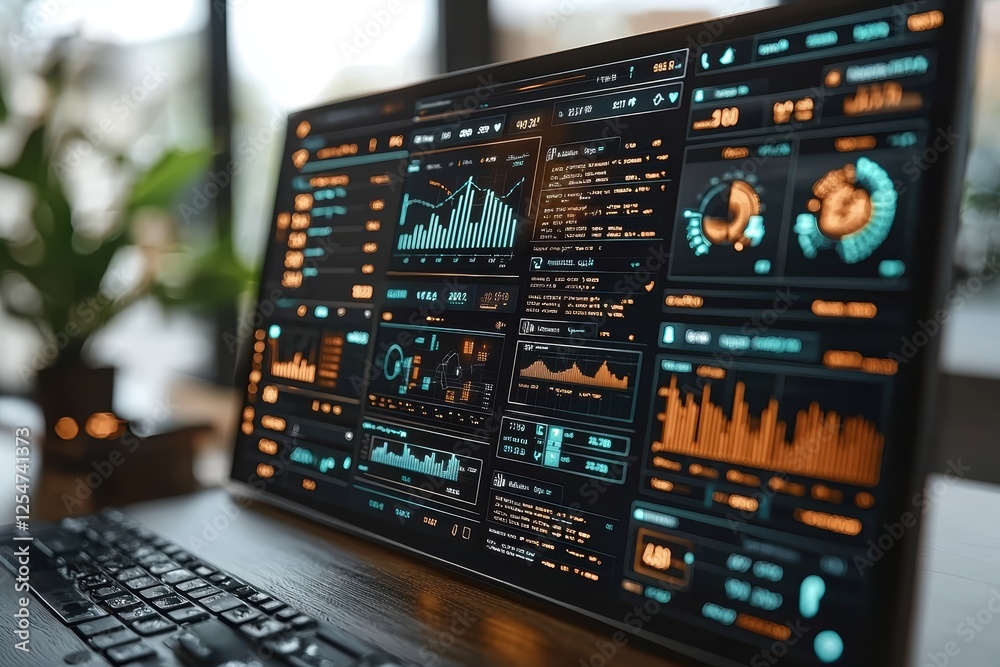 Fototapeta premium Dynamic investment portfolio dashboard office space data visualization modern environment close-up view financial insights