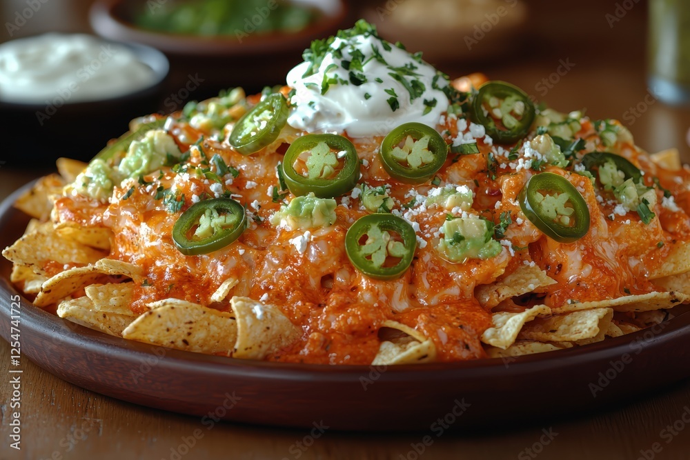 Delicious nachos topped with melted cheese in a cozy restaurant setting high fidelity food photography Delicious nachos topped with melted cheese in a cozy restaurant setting high fidelity food photography