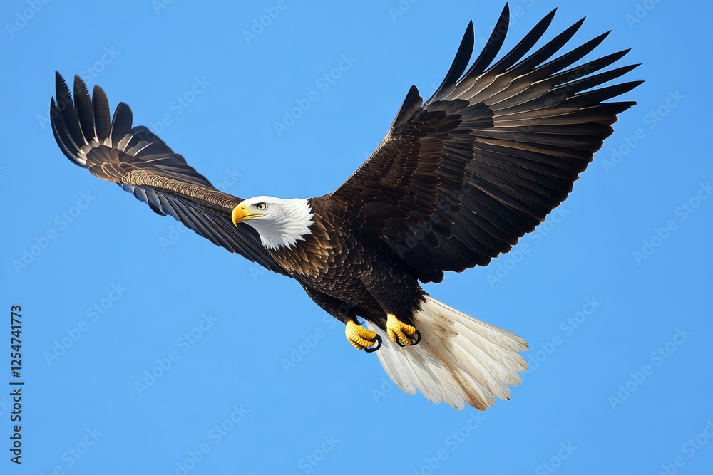 Fototapeta premium Eagle with its wings spread wide soars through a clear blue sky.