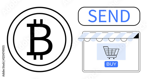 Bitcoin coin graphic, e-commerce storefront with shopping cart icon, Buy button, and Send button indicate digital currency transactions. Ideal for cryptocurrency, e-commerce, fintech, blockchain