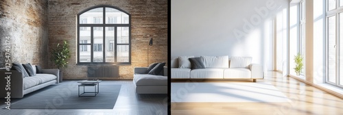 Contrast of old dark interiors and bright modern renovated design in a room showcasing transformation. Generative AI