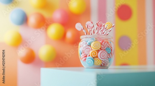 Colorful candies in jar, party background, celebration scene photo