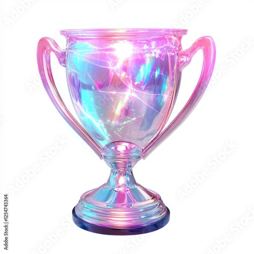 Colorful holographic trophy reflecting light with sparkles for awards, competitions, or achievements in a bright background