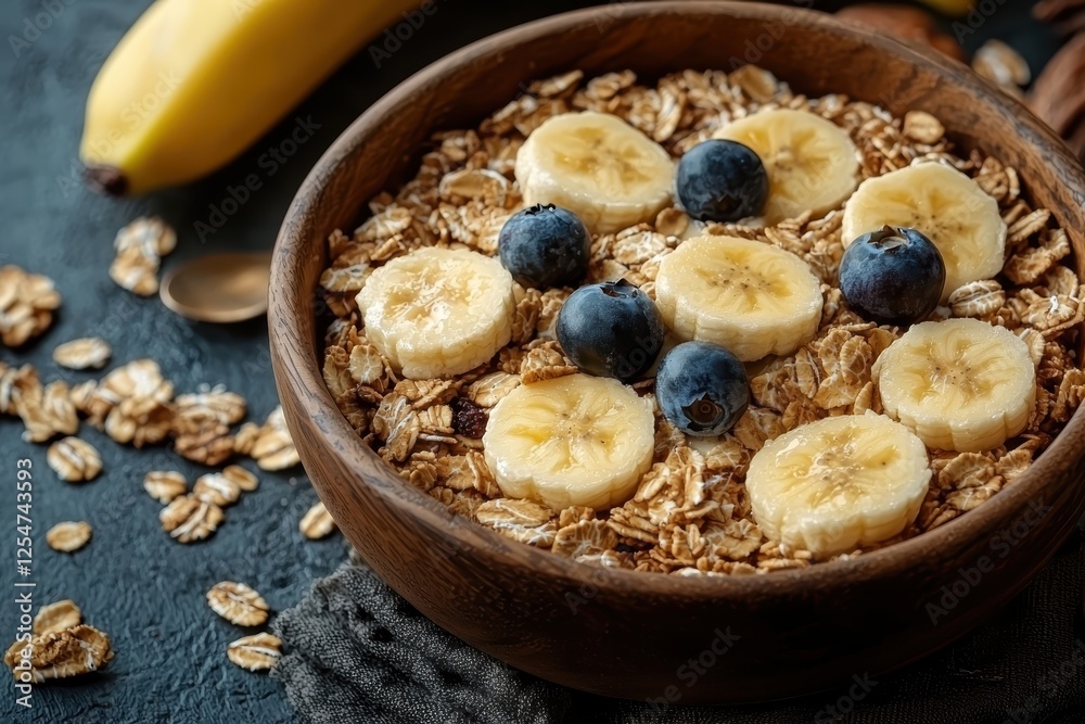Granola yogurt bowl with fresh bananas and blueberries kitchen table food photography gourmet close-up healthy breakfast Granola yogurt bowl with fresh bananas and blueberries kitchen table food photography gourmet close-up healthy breakfast