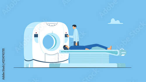 Vector illustration of a young man undergoes an MRI or ct scan test using diagnostic equipment in a modern hospital. Health care concept.