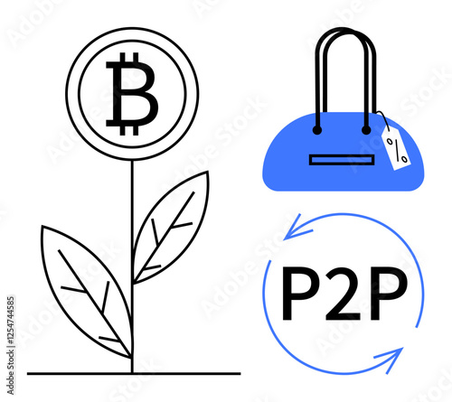 Bitcoin symbol growing thumbs up a plant, blue shopping bag with price tag, P2P with arrows. Ideal for cryptocurrency, digital transactions, e-commerce, peer-to-peer trading, online shopping