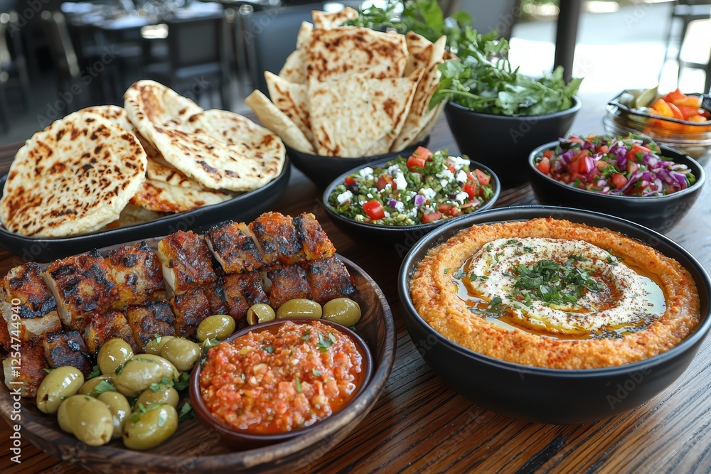Obraz premium Mediterranean feast on rustic wooden table vibrant restaurant setting culinary showcase inviting atmosphere
