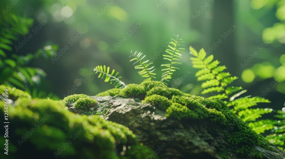 Macro shot of miniature ferns thriving in the fissures of a moss-covered rock, blending into their natural environment.