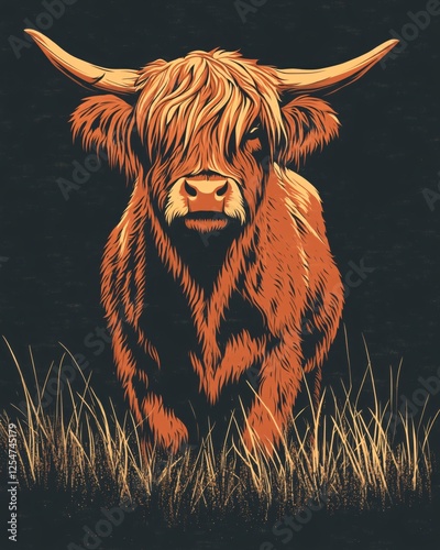 Highland cow portrait with long horns and shaggy fur in a dark setting with grass