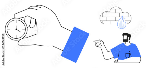 Person pointing at a small clock held by a hand, a cloud with a raindrop. Ideal for productivity, time management, scheduling, planning, weather forecast concepts, efficiency deadlines. Abstract