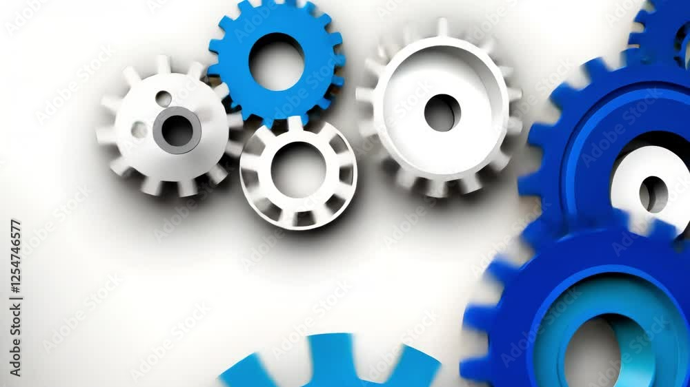 A vibrant arrangement of blue and white gears interlocking, symbolizing teamwork and mechanical efficiency A vibrant arrangement of blue and white gears interlocking, symbolizing teamwork and mechanical efficiency