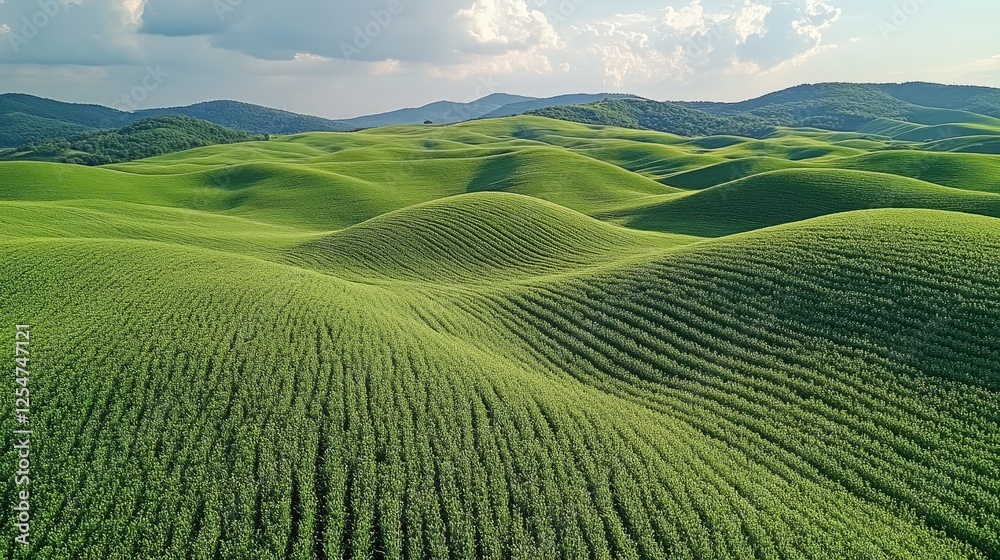 Fototapeta premium Lush green rolling hills under a blue sky with fluffy clouds, showcasing nature's beauty