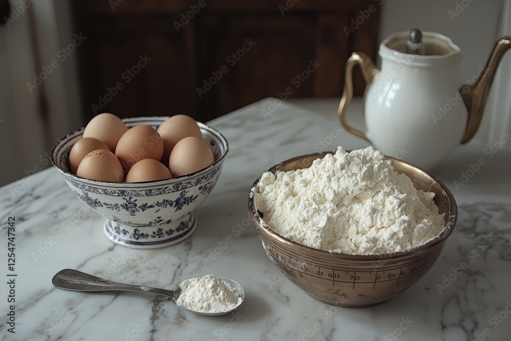 Baking essentials flour and eggs setup on kitchen counter culinary art cozy home environment overhead view Baking essentials flour and eggs setup on kitchen counter culinary art cozy home environment overhead view