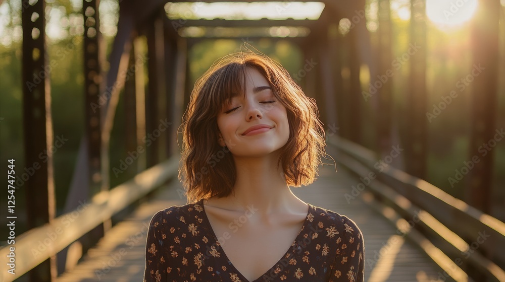 Fototapeta premium young pretty woman stands on a bridge with her eyes closed and a smile on her face, enjoying the sun's rays, concept: take care of yourself, 16:9