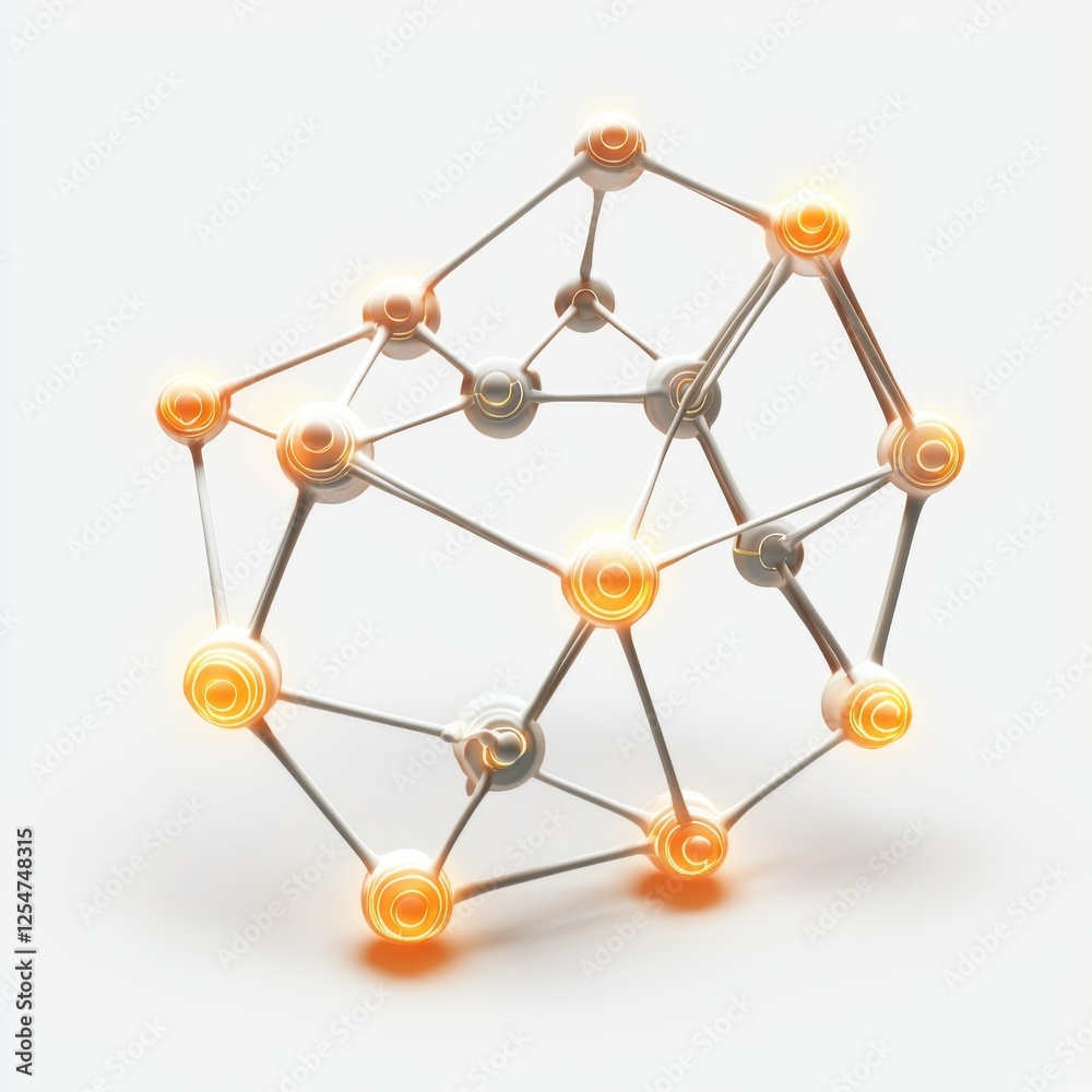 Abstract illustration of a three-dimensional geometric structure with glowing nodes and interconnected lines against a light background Abstract illustration of a three-dimensional geometric structure with glowing nodes and interconnected lines against a light background