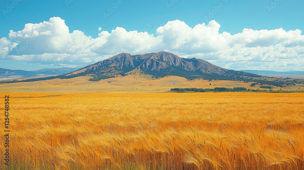 Golden wheat field swaying under a bright blue sky with distant mountains and fluffy clouds Golden wheat field swaying under a bright blue sky with distant mountains and fluffy clouds