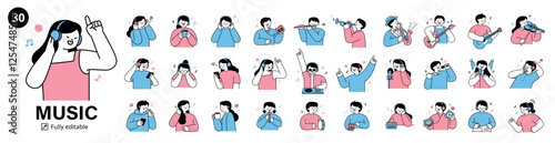 People enjoying music through listening, singing, and playing instruments. Includes guitar, violin, saxophone, flute, DJ, and radio. Flat and modern line art style with pastel tones. 
