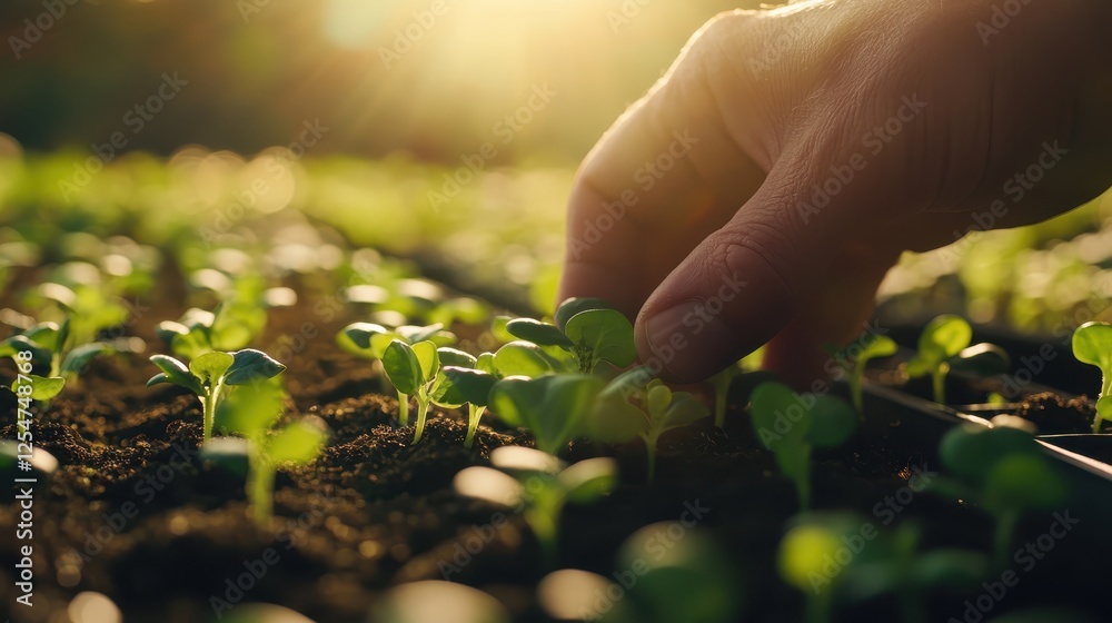 Fototapeta premium A hand is touching a plant