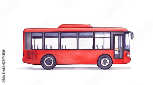 Side view of a vibrant red city bus parked on a clean street with no passengers visible