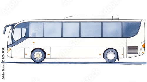 Side view of a modern, empty passenger bus parked on a city street with urban scenery