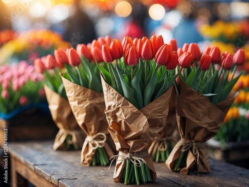 Bunches of fresh red tulips in brown paper wrap at a flower market with soft focus background and Copy Space photo