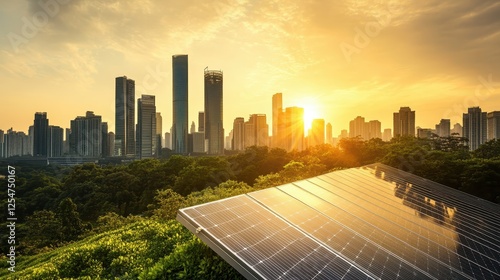 A city with a large solar panel on top of it