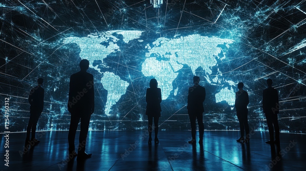 Fototapeta premium The map is filled with dots and lines, and the people are looking at it