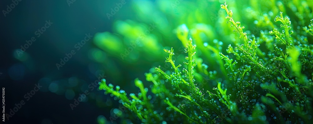 Ocean conservation microscopic concept. Close-up of vibrant green aquatic plants under serene water surface. Ocean conservation microscopic concept. Close-up of vibrant green aquatic plants under serene water surface.