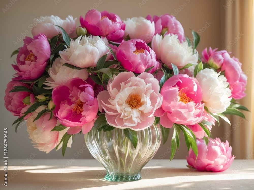 Obraz premium Bright peonies in a glass vase create a stunning centerpiece for home decor or special occasions