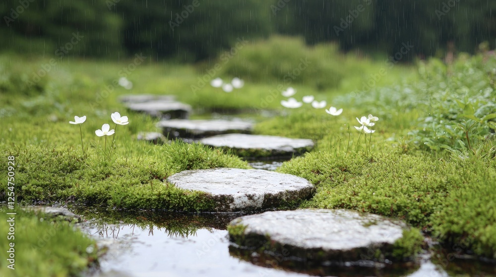 Fototapeta premium Rainy day, stone path, moss, tranquil garden