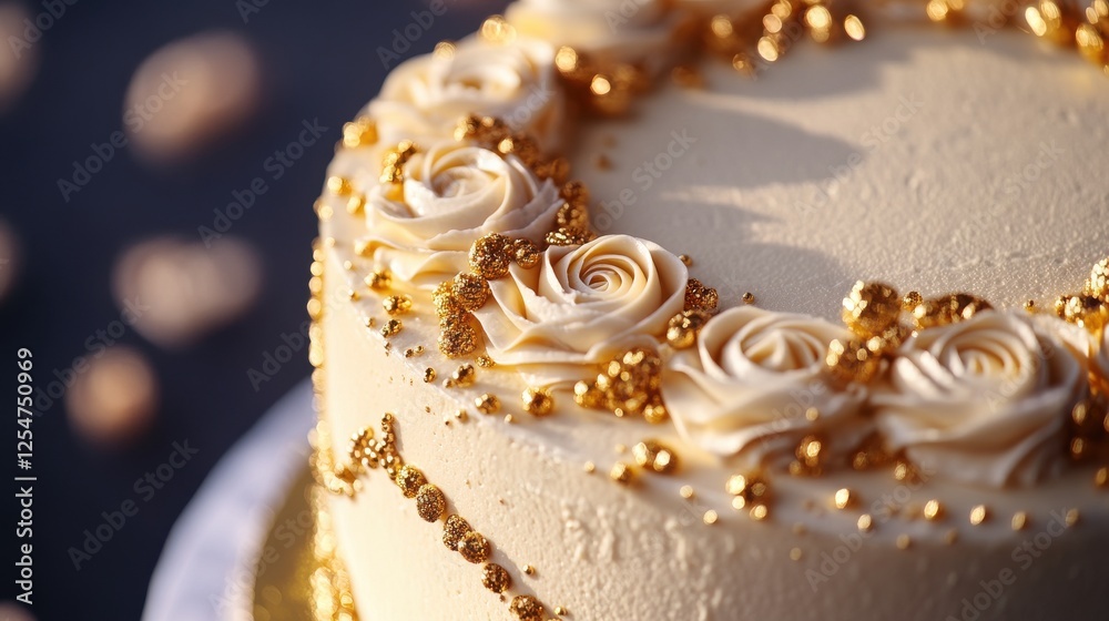 Elegant cake adorned with golden decorations and rose-shaped frosting, set against a blurred background
