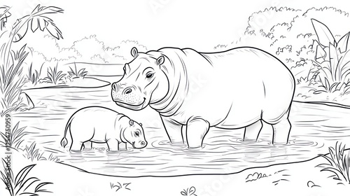 Hippopotamus mother and calf in a watering hole, coloring page, wildlife scene, educational photo