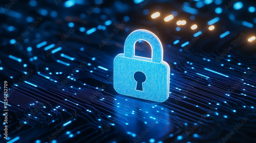 Digital padlock on virtual circuit board with glowing binary data representing cybersecurity and data protection Digital padlock on virtual circuit board with glowing binary data representing cybersecurity and data protection