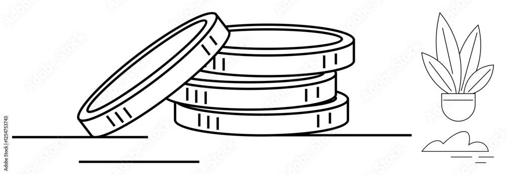 Fototapeta premium Stacked coins with one leaning, a potted plant, and a cloud. Ideal for concepts of finance, savings, investment, economic growth, wealth, stability prosperity abstract line flat metaphor