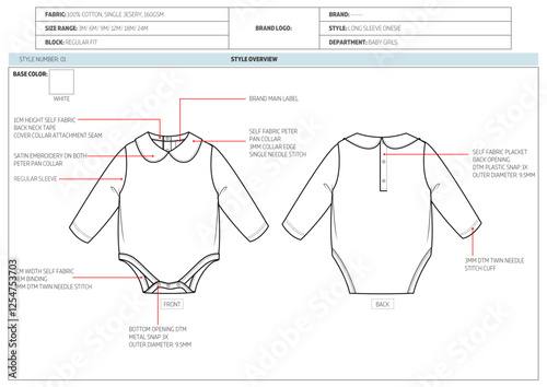 Baby Long Sleeve Peter Pan Collar Onesie Technical Tech pack.
