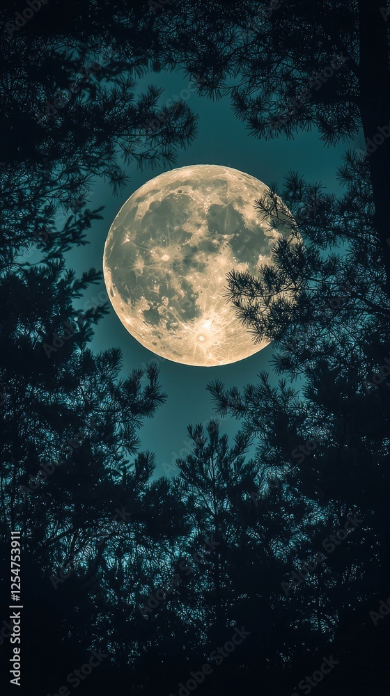Naklejka premium Full moon illuminated against a backdrop of dark pine trees in a serene night sky