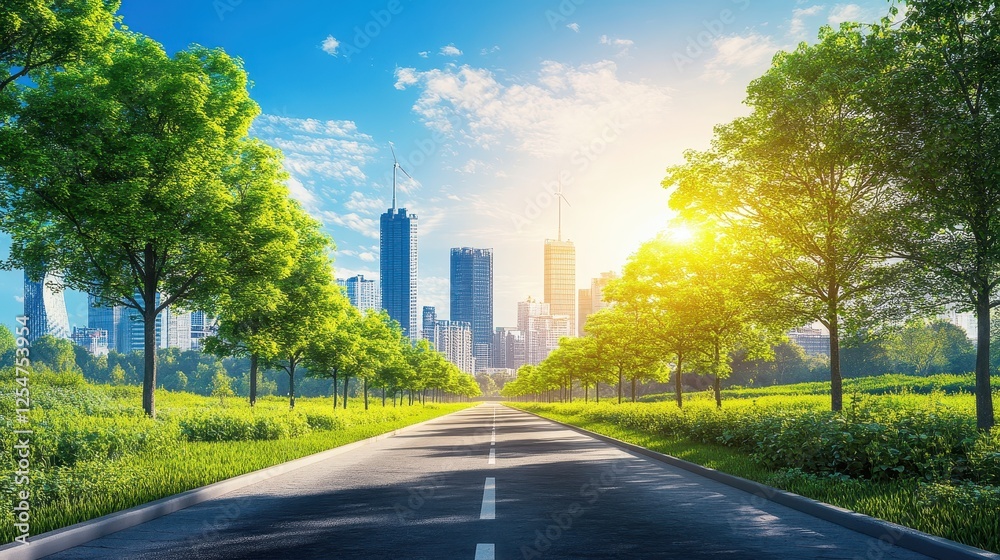 A road with trees on both sides and a city in the background A road with trees on both sides and a city in the background