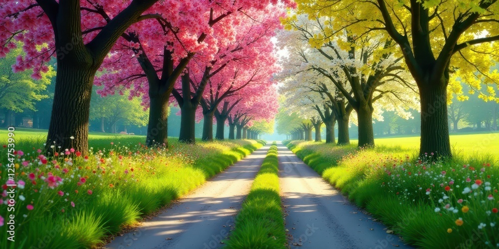 A picturesque path lined with blossoming trees in vibrant spring colors, a tranquil scene of nature's beauty A picturesque path lined with blossoming trees in vibrant spring colors, a tranquil scene of nature's beauty