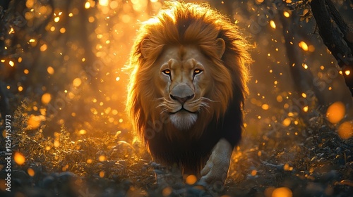 Majestic lion walking through a sunlit forest, surrounded by glowing particles and foliage