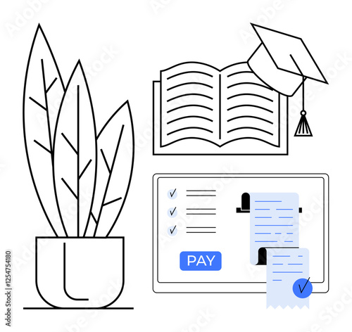 Graduation cap on open book, online form with payment button and checkmarks, potted plant. Ideal for education financing, tuition management, academic goals, financial planning, online payment