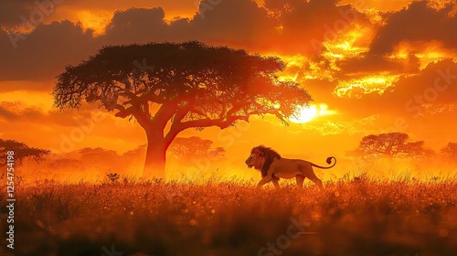 Majestic lion walking through golden grassland at sunset, with a silhouette of a large tree in the background