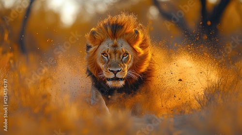 Majestic lion charging through golden grasslands at sunset, showcasing raw power and beauty
