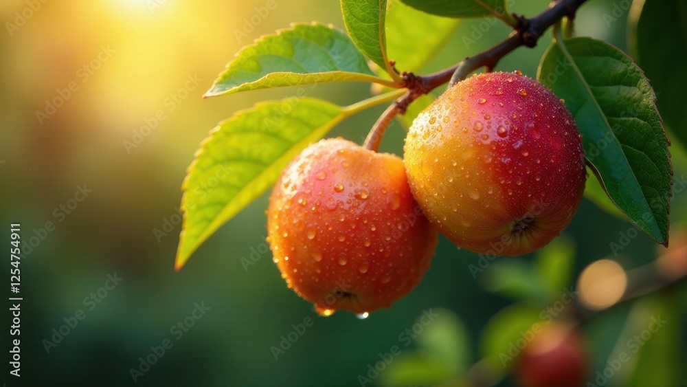 Obraz premium Golden hour sunlight illuminates dew-kissed apples hanging from a branch, showcasing vibrant autumnal colors and the beauty of nature's bounty.