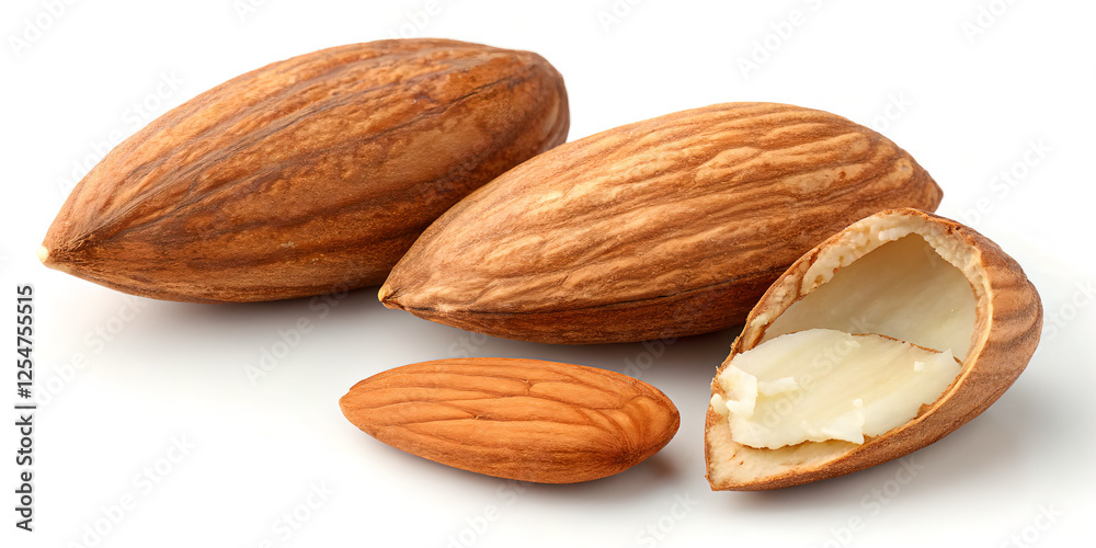 two whole brown peeled almonds, one broken almond half two whole brown peeled almonds, one broken almond half