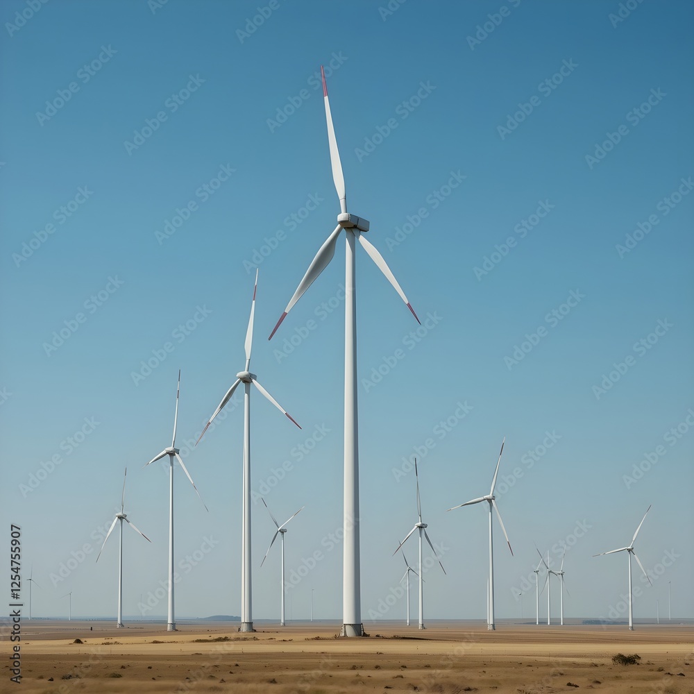 Turbinas eólicas erguidas en una llanura abierta bajo un cielo azul claro, girando suavemente para producir energía limpia Turbinas eólicas erguidas en una llanura abierta bajo un cielo azul claro, girando suavemente para producir energía limpia